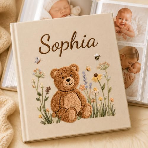 Personalisierte Fotoalbum Kinder mit Namen, Teddybär Babyalbum aus Leinen | Baby Fotoalbum 100 Bilder Geburtstagsbuch für Kinder & Mädchen & Junge, Personalisiert Geschenk zur Geburt, Taufe, Geburtstag