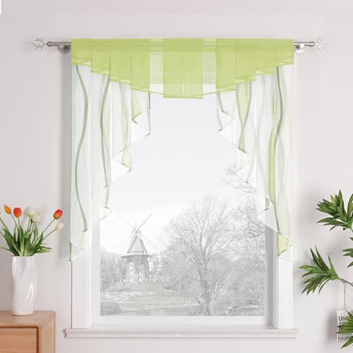 HongYa Tunnelzug Scheibengardine transparenter Voile Kurzgardine für Kleinfenster H/B 145/120 cm Creme Grün