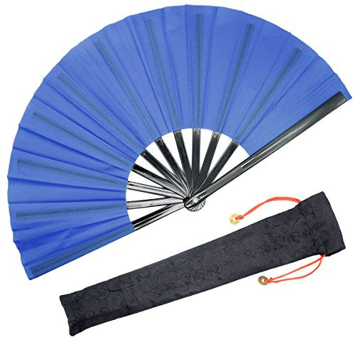 OMyTea Chinese Kung Fu Tai Chi Large Hand Folding Fan for Men/Women - With a Fabric Case for Protection - For Performance/Dance/Fighting/Gift (Blue)