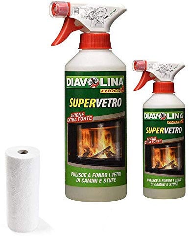 DIAVOLINA VETRO SUPERVETRO DA 500ML X 2PZ - detergente vetri per la pulizia di camino caminetti stufe pulitore vetro stufa 2X500 ML - FANTASTICO OMAGGIO ROTOLO CARTA ASCIUGATUTTO