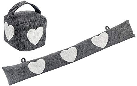 Nicola Spring Door Stop & Draught Excluder Set - Heart - 2pc - Herringbone Indoor Decorative Weighted Door Wedge and Interior Wind Stopper Snake Air Seal for Home, Office