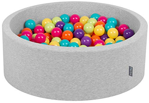 KiddyMoon Bällebad 90X30cm/200 Bälle ∅ 7Cm Bällepool Mit Bunten Bällen Für Babys Kinder Rund, Hellgrau:Hellgrün/Gelb/Türkis/Orange/Pink/Violett