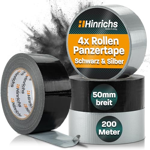 Hinrichs Nastro Telato Argento/Nero - 4 Rotoli di Nastro Americano 50m x 50mm - Duct Tape extra forte - Gaffa Tape Impermeabile - Nastro in Tessuto largo - Nastro Adesivo per Interno ed Esterno