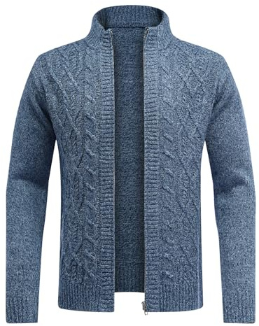 Allthemen Cardigan Homme Hiver Chaud Veste en Maille Zippé Décontracté Gilet Pull Tricoté Automne Manteau Couleur Unie avec Col Montant Bleu1 M