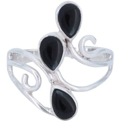 mantraroma 925 Sterling Silber Onyx Ring Damen – tropfenförmiger Cabochon Edelstein Ring, eleganter Vintage Statement Ring