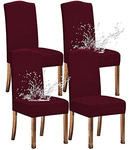 KELUINA Stretch wasserdichte Jacquard mit langem Gitter Esszimmer Stuhlhussen Home Decor, Stuhlhussen für Esszimmerstühle(Weinrot,4 Stück)