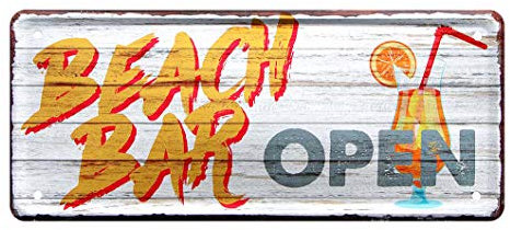 Beach Bar Open Blechschild - Retro Deko Metallschild - Dekoration für Partykeller Partyraum Bar Küche Garten Ausschank Theke - Geschenkidee für Cocktailtrinker Longdrinks Liebhaber - 28x12cm