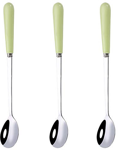 Goeielewe 3PCS Mixing Spoons for Coffee, Dessert, Ice Cream, Milkshake, Stainless Steel Iced Teaspoon with Ceramic Handle Tablespoons Espresso Cocktail Stirring Spoons, 6.8-Inch (Green)