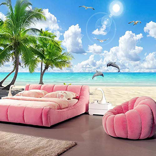 Fototapete 3D Effekt Strand-Kokosnuss-Delphin Fototapete Restaurant Clubs Ktv Bar 3D Wandbild Wand Papier Papier Peint Enfant 350X256cm