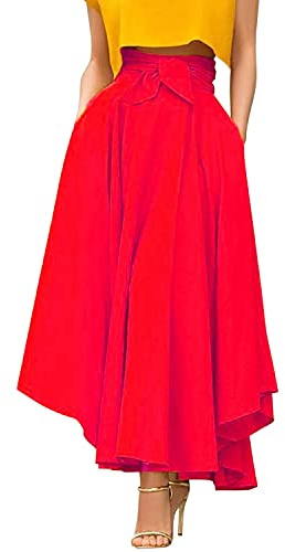 Womens High Waisted Tummy Control Elegant Flowy Long Skirt Solid Color A-line Swing Maxi Skirt