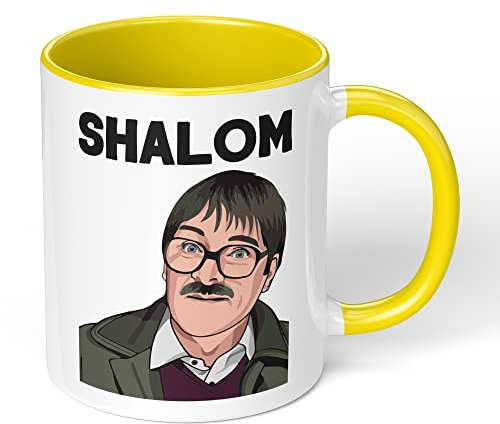 Print Maniacs Shalom Mug Gift Christmas Birthday Funny Friday Night Dinner Jim Cartoon Present (Yellow Fill Mug)