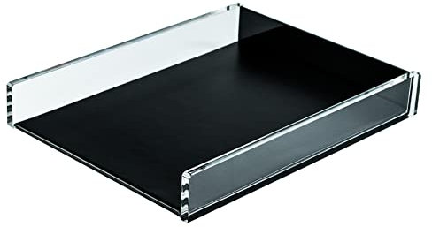 DELMON VARONE Bandeja para cartas DIN A4 de acrílico transparente y cuero negro Organizador de escritorio como estante para documentos, cartas y archivos, elegante bandeja de escritorio en piel