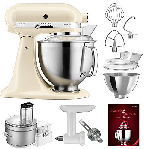 KitchenAid Küchenmaschine Artisan - P24 Food Processor Set Spezial 185er (K) - 5KSM185PSEAC inkl. Food Processor Vorsatz (5KSM2FPA), Fleischwolf Kunststoff (5KSMFGA) und Kochbuch (Kochen & Backen)