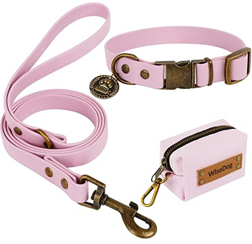 Wisedog Ensemble Collier et Laisse imperméable pour Chien : Collier réglable, Laisse Classique avec Porte-Sac à crottes, pour Chiens de Taille Moyenne et Grande (S, Violet rosé pâle)