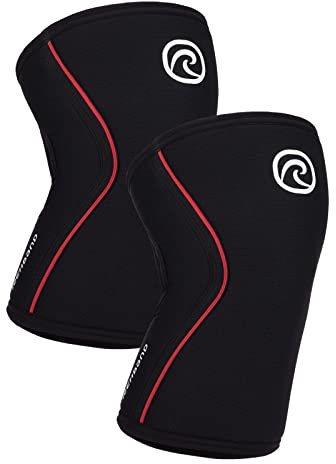Rehband Benda per Ginocchio RX, Fascia per Ginocchio in Neoprene da 7 mm per Sollevamento Pesi e Powerlifting, Protegge Le articolazioni e stabilizza i Muscoli, Colore:Nero/Rosso - 1 Paio, Misura:L