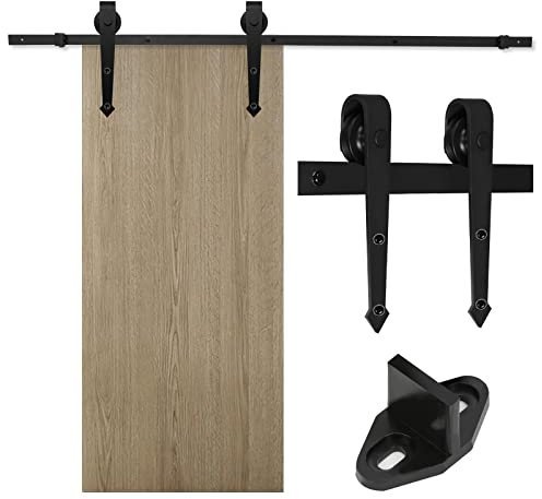Tubiaz Set di accessori per porte scorrevoli, 183 cm (6 piedi), in acciaio al carbonio, nero, con ruote e binario, per porta scorrevole in legno, porta scorrevole, fino a 150 kg, freccia
