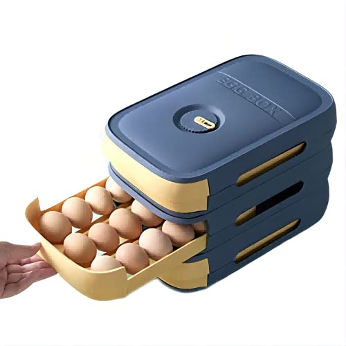 MASINIES Egg Holder Egg Fresh Storage Box Drawer Type Egg Storage Rack Household Stackable Container Tray Space Saver for Kitchen Refrigerator 32x21x7.8cm (Blue)