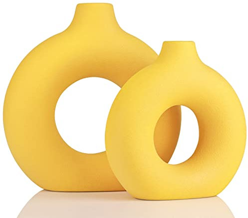 Donut-Vasen, kreisförmige Matte Keramikvase für Eingangsbereich, Wohnzimmer, Schlafzimmer, Esstisch, Tischdeko, Büro, Wohndeko, Gelb, 2er-Set