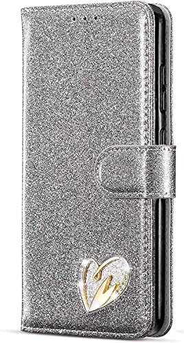MHtech Case For Apple iPhone X, XS, Phone Case Shiny Leather Bling Glitter Book Flip Stand Card Wallet Protective Cover For iPhone X/XS Phone (Silver)