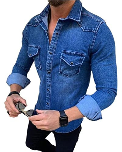 Jeansshirt Herren Basic Slim Fit Revers Knopfleiste Mode Shirt Herren Einfachheit Einfarbig Mit Taschen Longsleeve Shirt Herren Outdoor All-Match Basic Shirt Herren C-Blue L