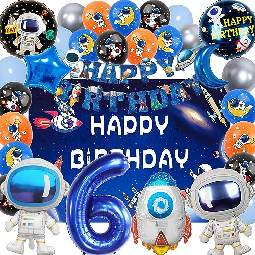 SWOKKTS Astronaut Geburtstag Deko 6 jahre, Kinder Weltraum Geburtstagsdeko, Astronauten Planet Rakete Weltall Luftballons Geburtstag Jungen Mädchen, Geburtstagsbanner und Hintergrund (Zahlenballon 6)