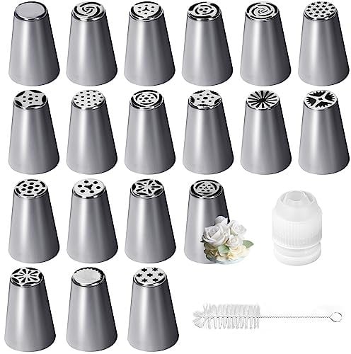 Set di 19 beccucci russi per tubazioni per erba, beccucci per glassa, in acciaio inox, per glassa, biscotti, torte, crema e pasticceria
