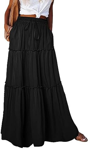 Byoauo Rock Damen Lang Boho Blumen Hohe Elastische Taille mit Taschen und Gürtel Maxi Skirt Faltenrock Strandrock Freizeitrock