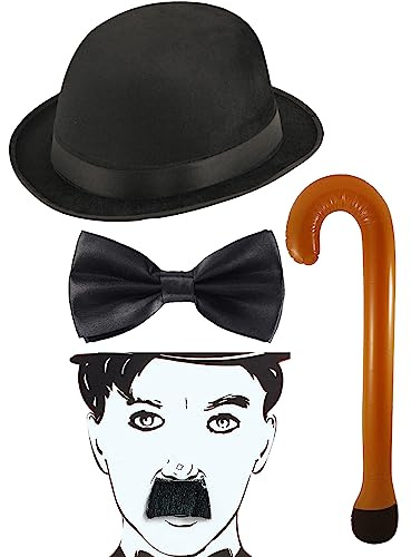 labreeze Charlie Chaplin Bühnenkomödie für Erwachsene, 1920er-Jahre-Kostüm-Set, schwarzer Bowler-Hut, Charlie Schnurrbart, aufblasbarer Gehstock, Budget-Fliege