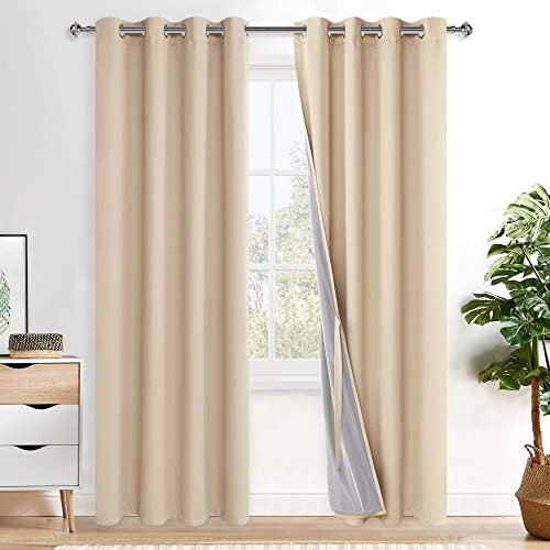 XWZO 100% Blickdicht Vorhänge, Doppellagige Dicker Verdunklungsvorhänge mit Ösen, Schallschutz Thermovorhänge 2er Set Schlafzimmer Gardinen, Blackout Curtain, 245x140 cm(HöhexBreite), Beige