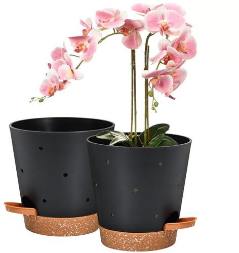 Vanslogreen Macetas de orquídea con agujeros, maceta de orquídea de riego automático de 6 pulgadas, paquete de 2 macetas de plástico para orquídeas, flores (negro y marrón)