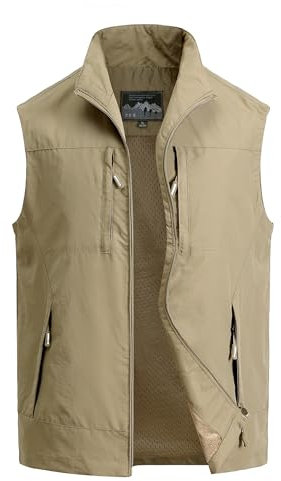 MeiLayM Gilet da Uomo All'aperto Gilet Casual Asciugatura rapida Giubbotto Pesca Senza Maniche Gilet Leggero Multi-Tasca Gilet Sport Giubbino Caccia Fotografi Gilet Cachi,M