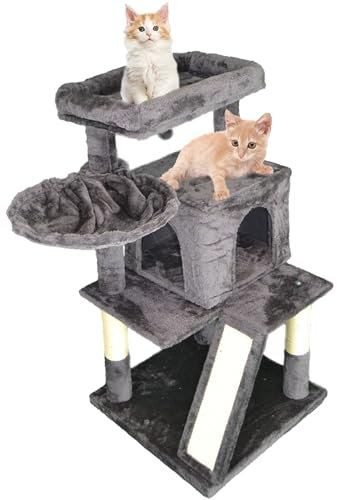 DEFACTO Katzenbaum, 96 cm hoch Katzenhöhle, Katzen Kletterbaum, Kratzbaum, Katzenspielzeug, Katzenmöbel mit stabil Säulen, Hängematten (ANTHRAZIT)