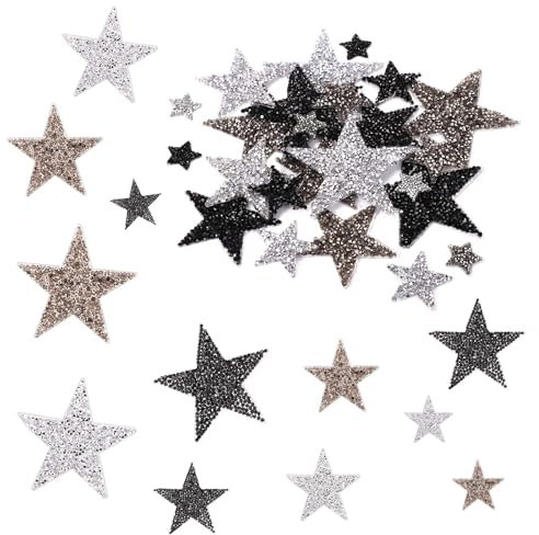 24pcs Star Iron-On Applique, Iron-On Silver Star Iron-On Rhinestone Applique Star Applique Patches Patch for Clothing Clothes Jeans Shoe Bag Repair Decoration 0.79/1.58/2.36/3.15inch (2/4/6/8cm)