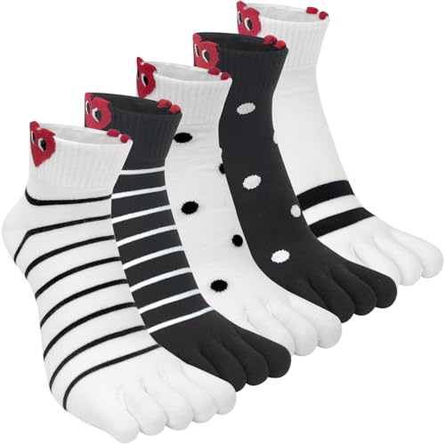 Kevaler Damen Zehensocken Baumwolle Fünf Finger Socken Kurze Socken Knöchelsocken Niedliche Bunt Tier Obst Muster Sneakersocken Socken Neuheit Sportsocken mit Zehen Einzeln Größe: 35-40/5 Paare