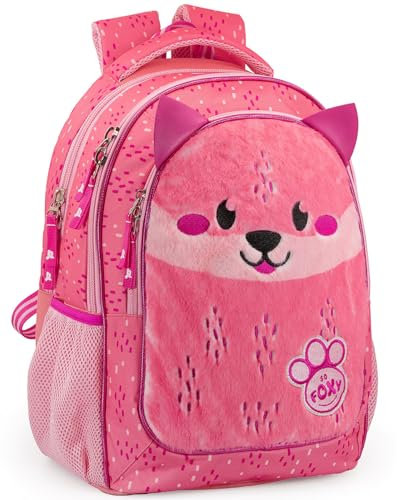 Julian Ross Schulrucksack Mädchen 43×33×15 cm – Plüsch Design „So Foxy“ mit 3D-Fuchs, ergonomisch, gepolsterte Träger, verstärkter Boden – Grundschule Klasse 1–4 – mit Trolley-Schlaufe – Fanartikel