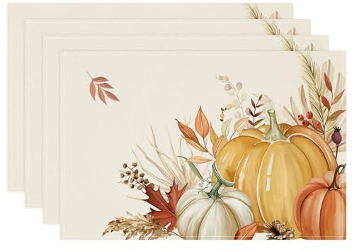 Bonhause Kürbisblätter Herbst Tischsets 4er Set, Herbstliches Erntedankfest Platzsets Waschbar Platzdeckchen für Küche Tisch Dekoration Drinnen Urlaub Party Dekor 30x45cm