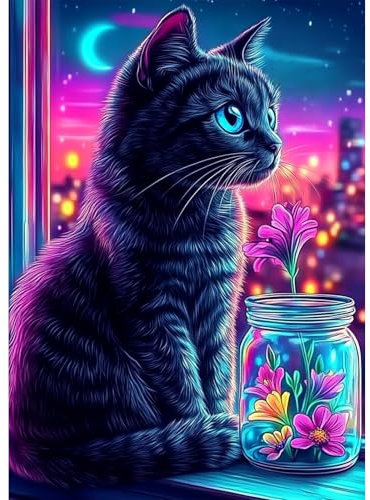 AIRDEA Katze Diamond Painting Erwachsene, DIY 5D Nachtlandschaft Diamant Painting Bilder, Bastelset Erwachsene Frauen als Haus Wanddeko 30x40 cm