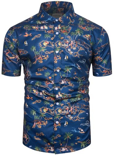 fohemr Mens Funky Hawaiian Shirt Flower Print Short Sleeve Casual Tropical Button Down Summer Beach Shirt Navy Small