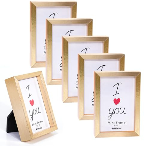 Winlor Mini Fotorahmen 2x3 6er Pack, Magnetischer Bilderrahmen für Kühlschrank & Schreibtisch Deko, Kleine Bilderrahmen für Instax Mini Fotos, Geldbörsenfotos & Kinderzimmer, Gold
