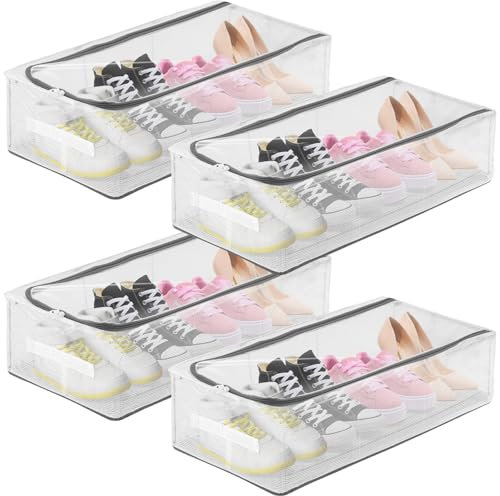 4 Pack Under Bed Shoe Storage Organizer,Clear Foldable Under bed Storage Solution with Window Fit 16 Pairs,Underbed Shoes Container,UnderBed Storage Boxes,Underbed Shoe Organiser-23.6×11.8×6.3