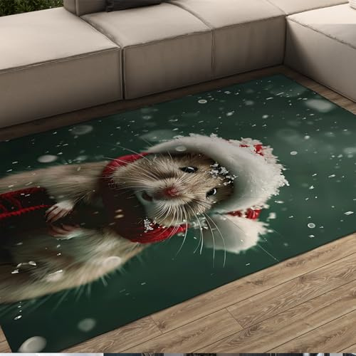 UERWOWELL Winter Schnee Szene Bereich Teppich Lustige Maus Muster Teppich Weihnachten Druck Throw Teppiche mit Gummirücken Waschbar für Wohnkultur 100x200cm