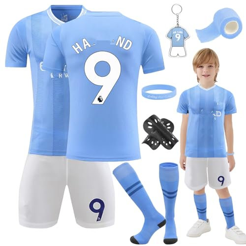 Heartsking Kids Football kit, Home Away Soccer Jerseys Football Kits for Kids Boys Girls, Football Training Shirts Shorts Socks Guard Plate Keychain Bracelets and Bandages, Gifts for Children