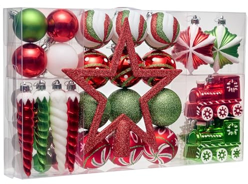 Valery Madelyn Weihnachtskugeln Kunststoff Christbaumkugeln zur Weihnachtsdekoration mit Weihnachtsbaumspitze und Aufhänger Klassische Serie Thema Rot Grün Weiß MEHRWEG Verpackung (50)