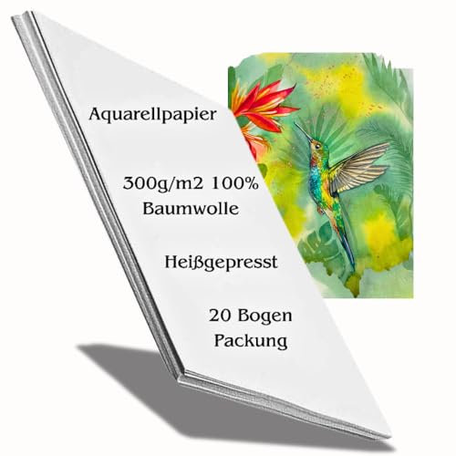 Mypaperworld Aquarellpapier 300g/m2 100% Baumwolle - Aquarellbogen 12,5 х 18 cm, 20 Blätter Packung, säurefrei Feinkorn Heißpress, Malpapier Zeichenpapier Weißpapier