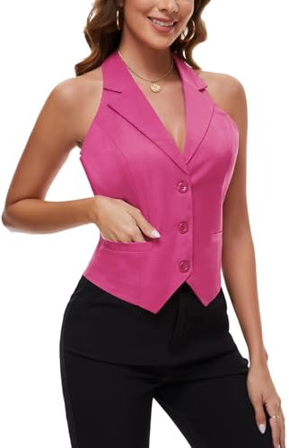 Kyzoeyou Gilet court à 3 boutons pour femme, dos nu, revers cranté, gilet de costume formel, gilet de costume simple passepoilé, gilet de bureau, Rose fuchsia., XXL