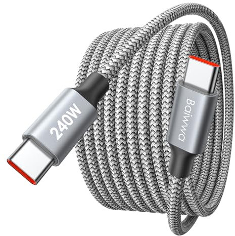 Baiwwa 240W USB C to USB C Cable 1.5M, C to C Charger Cable Nylon for Samsung Galaxy S25 S24 Plus A55 A16, for iPhone 15 16 Pro max, Pixel -Grey