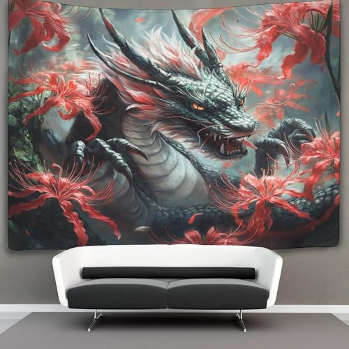 kaiyun Drachen Wandteppich Rot Blume Tapisserie Wandbehang Landschaft Wandkunst Dekore 150cmx200cm
