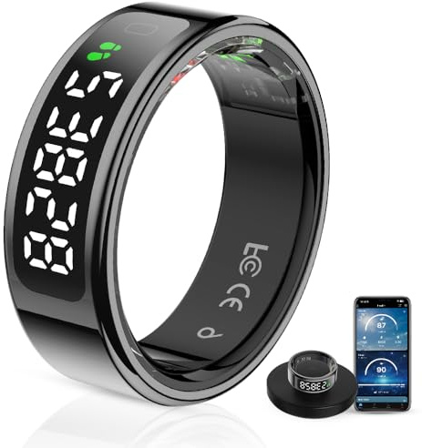 Govllfoz LCD Display Smart Ring - Fitness Sleep Tracker Touch Control Ring with Heart Rate/Blood Oxygen/Step Counter, Wireless Charging Dock, 5ATM Waterproof Andriod and iOS (Schwarz, 9)