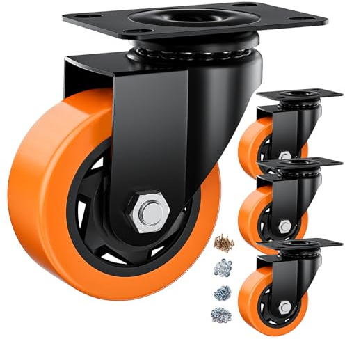 ASHGOOB 3 Inch Caster Wheels, Casters Set of 4 Heavy Duty, Orange Polyurethane (PU) Casters, Industrial Swivel Top Plate Castor Wheels for Workbench/Furniture/Cart (Pack of 4)