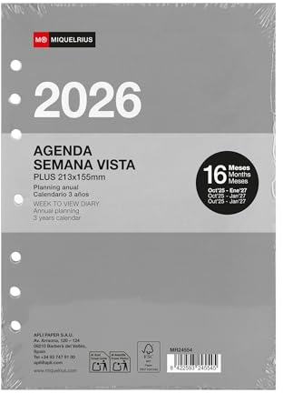 Miquelrius Nachfüllpack für Terminplaner 2026, 16 Monate, Wochenansicht, vertikal, Größe A5 (155 x 213 mm), auswechselbarer Wochenplaner mit 6 Ringen, Spanisch-EN-PT